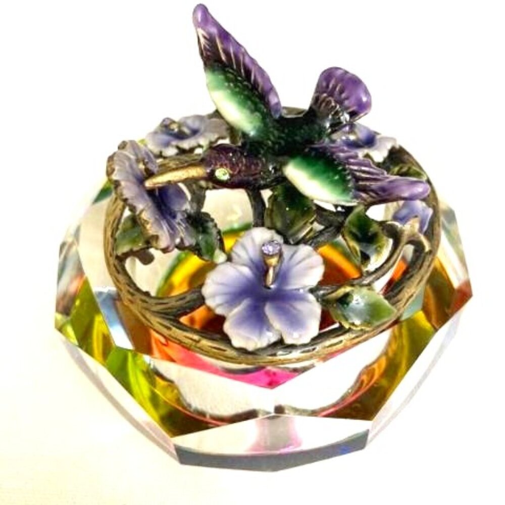 Glass Trinket Dish with Enamel Painted Metal Lid Hummingbird Drinking Flower‎